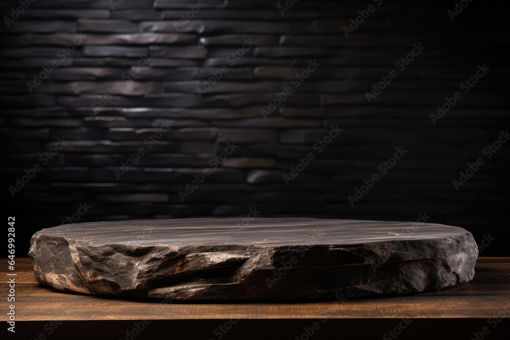 black wood podium close shot stone backg studio with carob black wood podium close shot stone backg studio with carob