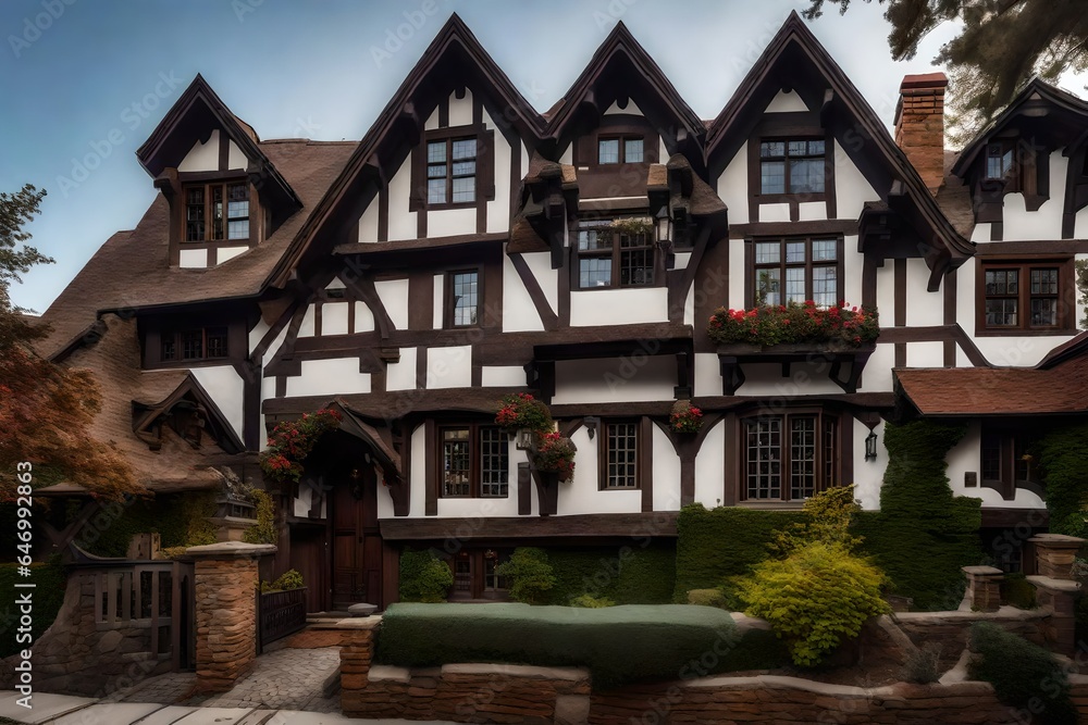 Tudor revival house with stucco and half-timbered facade - AI Generative Tudor revival house with stucco and half-timbered facade - AI Generative
