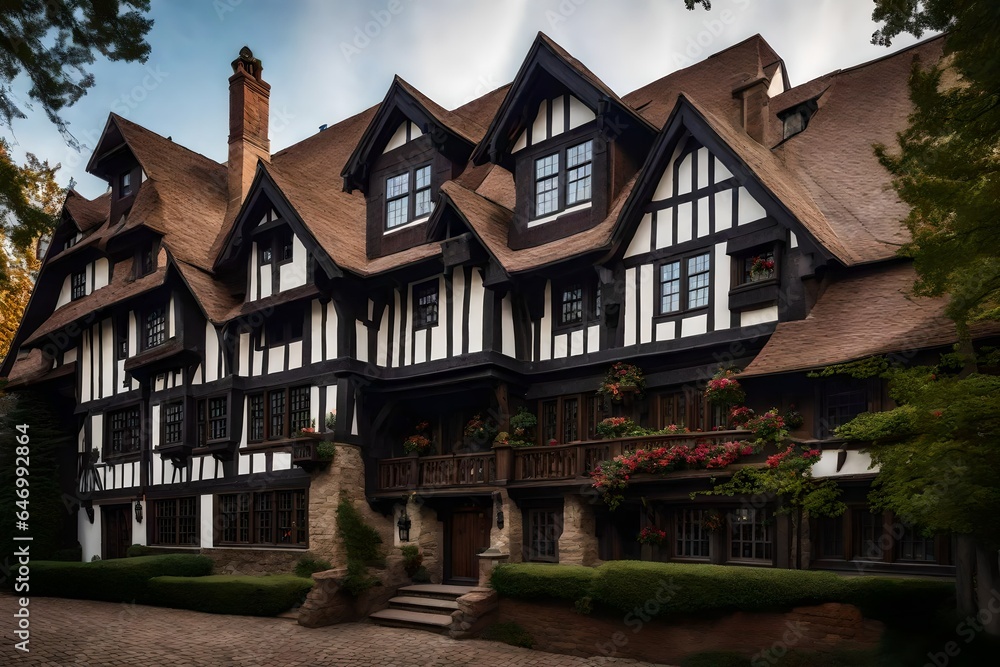 Tudor revival house with stucco and half-timbered facade - AI Generative