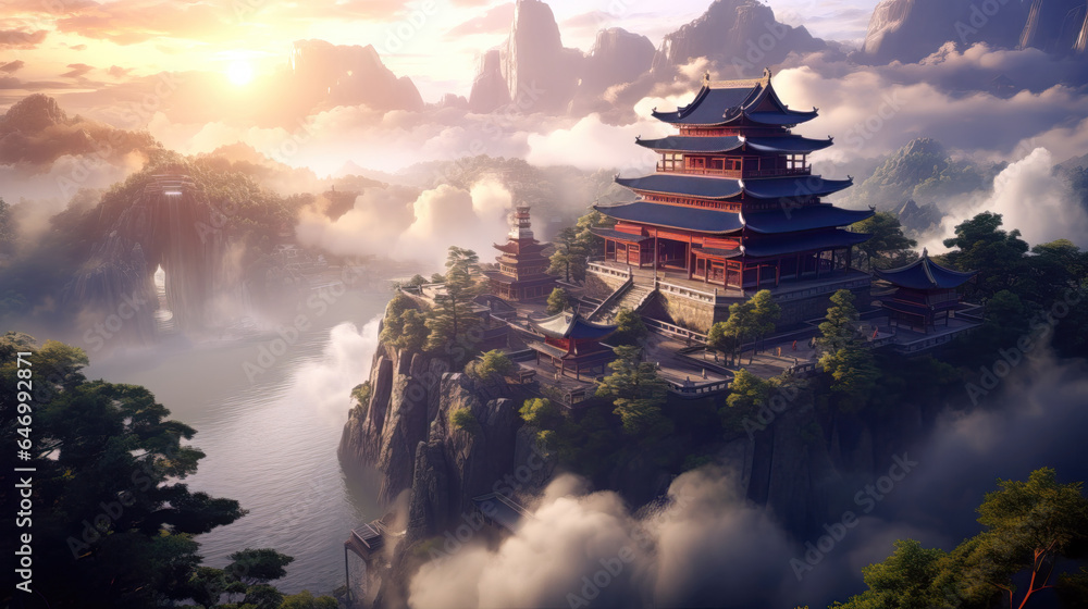 Fototapeta premium Temple in the mist at sunrise. Travel and tourism concept