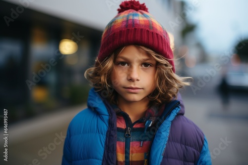 Portrait of a cute little boy in a warm hat and jacket.