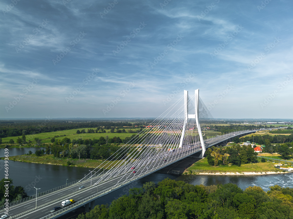 Aerial view of the cable-stayed Rędziński bridge (Most Rędziński) over Oder river in Pilczyce, Wrocław, Poland