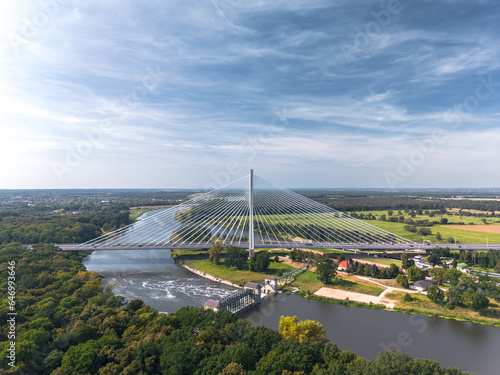 Obraz na płótnie Aerial view of the cable-stayed Rędziński bridge (Most Rędziński) over Oder river in Pilczyce, Wrocław, Poland w salonie