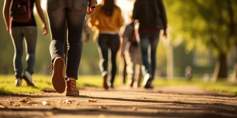 Group of people walking in park. Generative AI