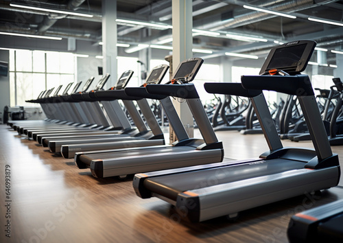 interior of a gym treadmills high quality photo