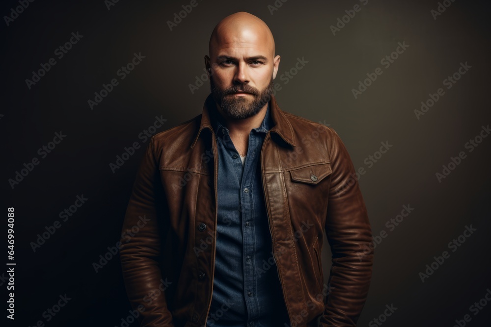 Handsome bearded man in a brown leather jacket on a dark background. Handsome bearded man in a brown leather jacket on a dark background.