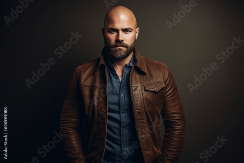 Handsome bearded man in a brown leather jacket on a dark background.