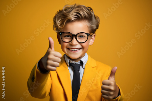 smiling schoolboy wearing school uniform show thumb up finger on yellow background. Back to school