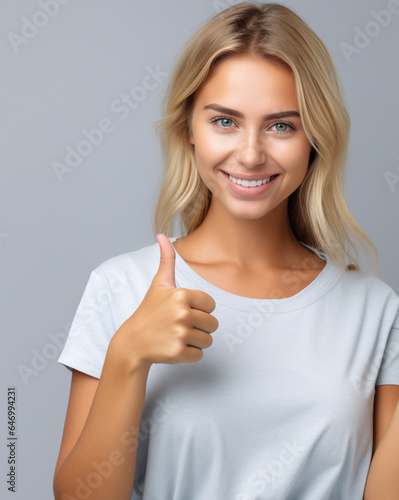 Fotografia de atractva chica de pelo rubio con dedo pulgar levantado como indicacion de aprobacion o ok