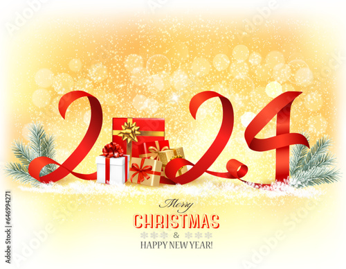 Happy New Year and Christmas holiday background with a 2024 and gift boxes and red ribbons. Vector.