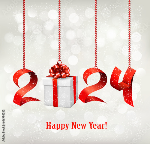 2024 New Year background with gift box and red ribbons. Vector.