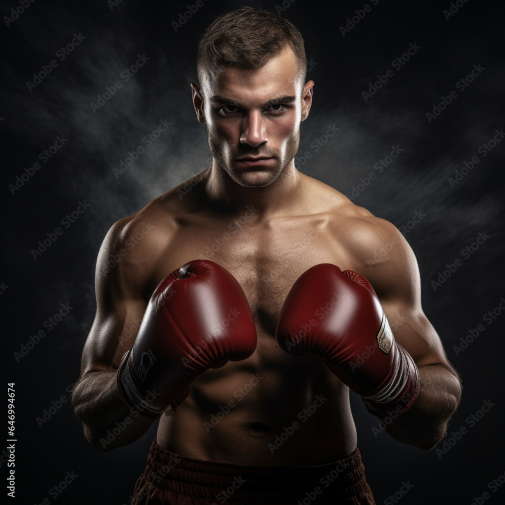 Fotografia de boxeador con musculatura marcada y fondo oscuro