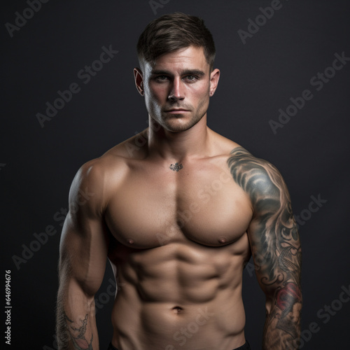 Fotografia de hombre atractivo deportista con musculos definidos y tatuajes