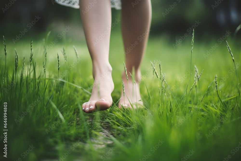photograph woman walking barefoot on the green grass