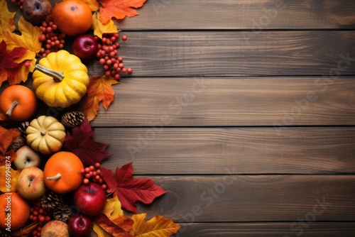 Happy Thanksgiving season celebration traditional pumpkins on decorated wooden table fall leaves background. Halloween decorations wood autumn cozy flat lay, top view, copy space.
