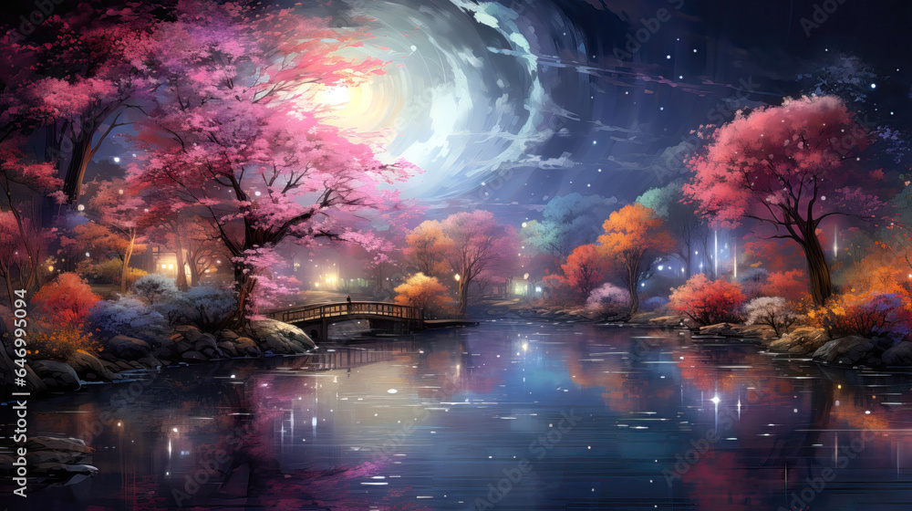 Illustration of a fantasy landscape with a lake and a full moon
