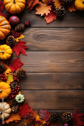 Happy Thanksgiving season celebration traditional pumpkins on decorated wooden table fall leaves background. Halloween decorations wood autumn cozy flat lay, top view, copy space.