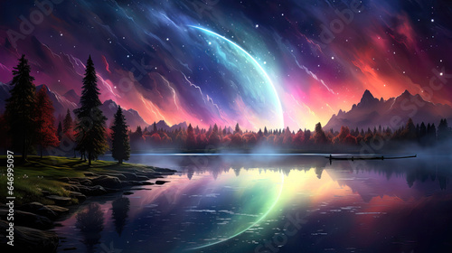 Fantasy landscape with lake, mountains and aurora borealis