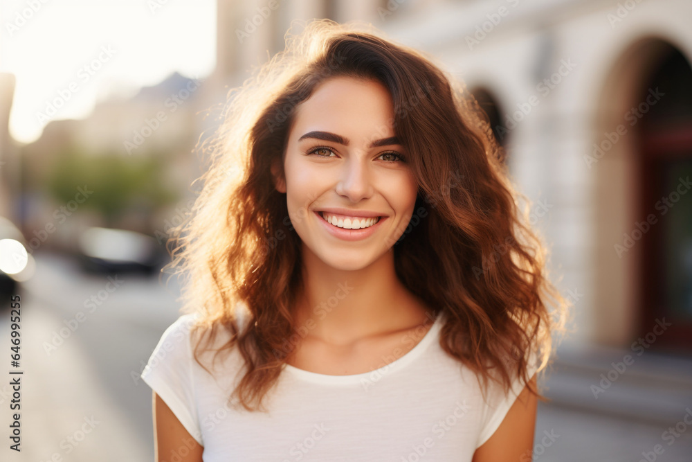 happy young caucasian woman smiling in the city. Portrait. High quality photo happy young caucasian woman smiling in the city. Portrait. High quality photo
