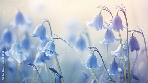 Beautiful bluebell flowers. Glade with blue bells. Campanula closeup. Blooming meadow. Natural background. Illustration for cover, card, postcard, interior design, decor or print. photo