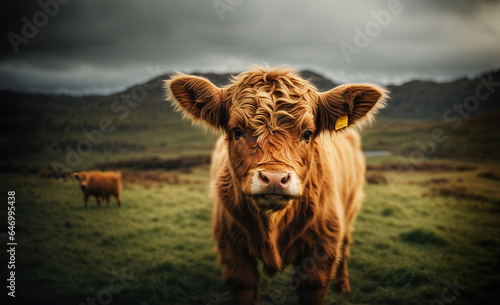 Portrait of a highland baby cow in color. Scottish Highlands.