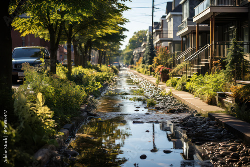 Green Infrastructure. Rain gardens and permeable pavements managing stormwater runoff, illustrating sustainable urban planning for a resilient climate. Generative Ai.