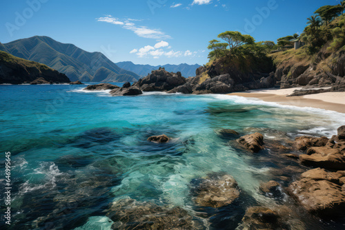 Coastal Splendor. Pristine beaches and turquoise waters illustrate the coastal treasures of My Latin America. Generative Ai. © Sebastian
