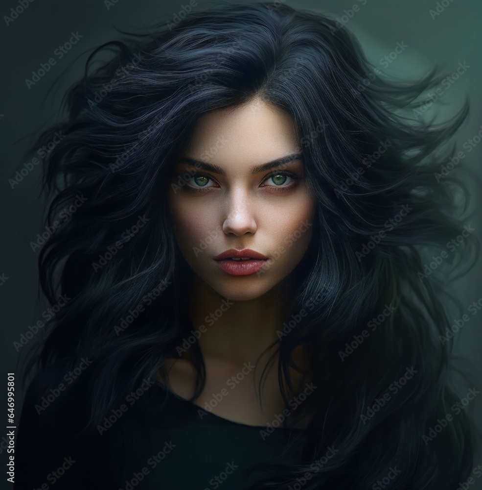 cinematic portrait of a beautiful woman with long raven/purple wavy hair, green eyes, and full lips with and a dark green background cinematic portrait of a beautiful woman with long raven/purple wavy hair, green eyes, and full lips with and a dark green background