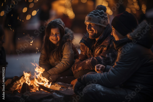 A family gathers around a cozy bonfire after a day of ice skating, enjoying warmth and camaraderie during a winter leisure activity. Generative Ai.