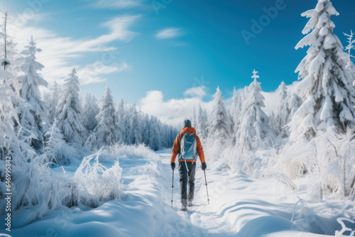 A person navigates a snow-covered trail on snowshoes, exploring the serene winter landscape and enjoying a leisurely outdoor activity. Generative Ai.