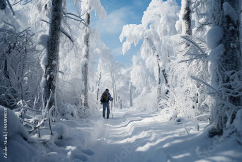 A skier glides through a snowy forest, immersing in the quiet and beauty of a cross-country skiing journey. Generative Ai.