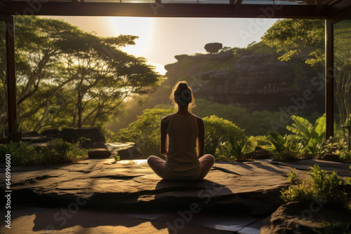 A guest engages in outdoor yoga surrounded by nature at a high-end wellness retreat  aligning mind and body in luxurious tranquility. Generative Ai.