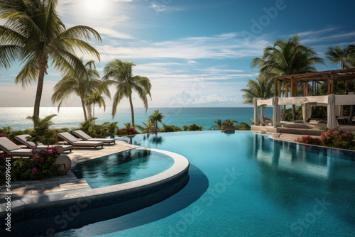 A resort s infinity pool offers an unobstructed view of a tropical paradise  inviting guests to swim and soak in pure luxury. Generative Ai.