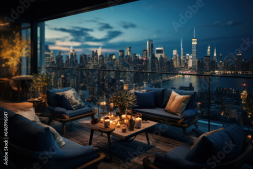 A resort\'s rooftop lounge provides panoramic views of a vibrant cityscape, inviting guests to unwind in sophisticated urban luxury. Generative Ai.