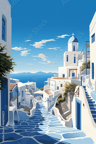 Duotone basic pop art vintage style travel poster of the Greek island of Mykonos.