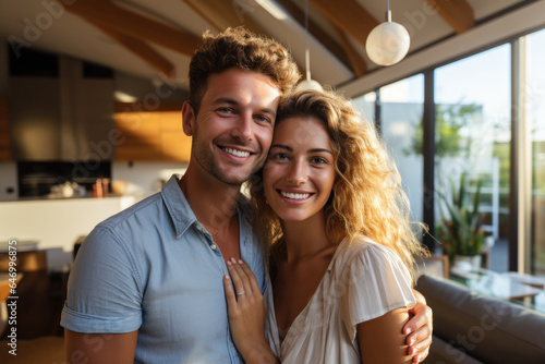 A couple poses in their newly acquired vacation home, showcasing the trend of co-buying as a means to invest in shared property. Generative Ai.