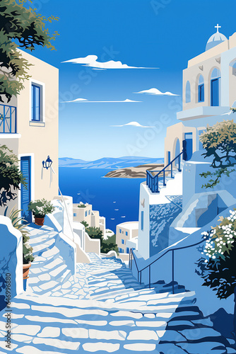 Duotone basic pop art vintage style travel poster of the Greek island of Mykonos.
