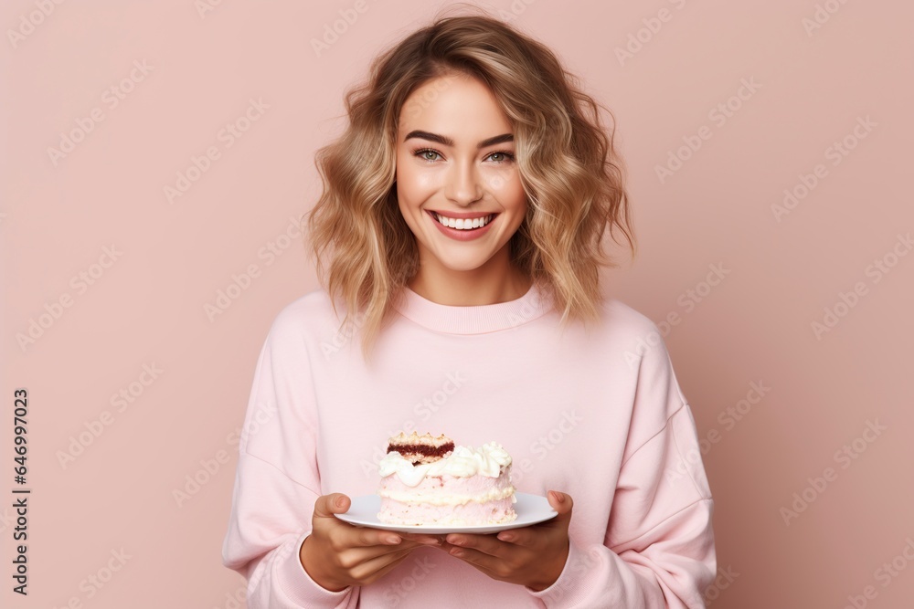 young woman smiling, satisfied and fun, with a cake in her hands young woman smiling, satisfied and fun, with a cake in her hands