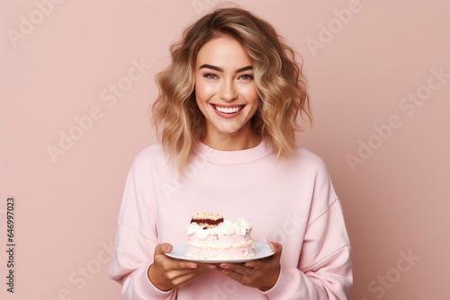 young woman smiling, satisfied and fun, with a cake in her hands