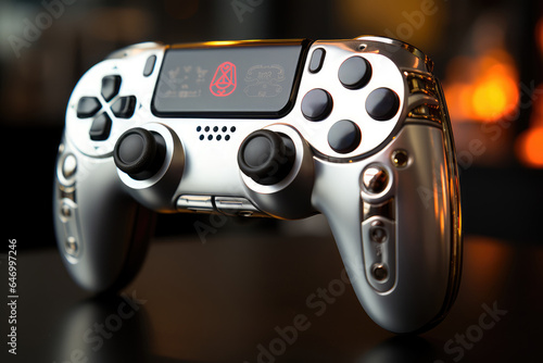 A close-up of a person's hand displaying a player's custom gaming controller with personalized decals. Generative Ai.