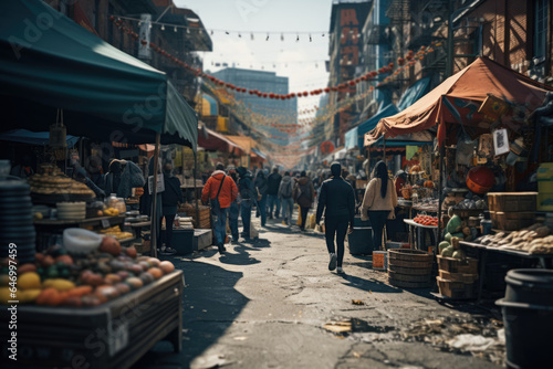 A bustling street market in a multicultural neighborhood, showcasing the vibrancy of urban communities. Generative Ai.