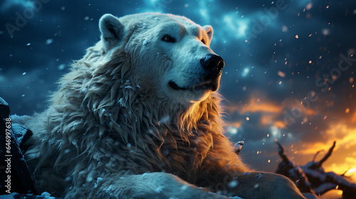 professional photo of a polar bear at the north pole, northern lights