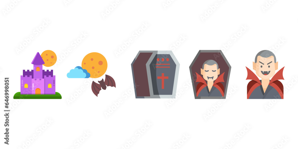 
Halloween vector cartoon set. Collection of cute and scary icons with castle,bat,vampire,coffin. Isolated colorful flat style design illustration.
