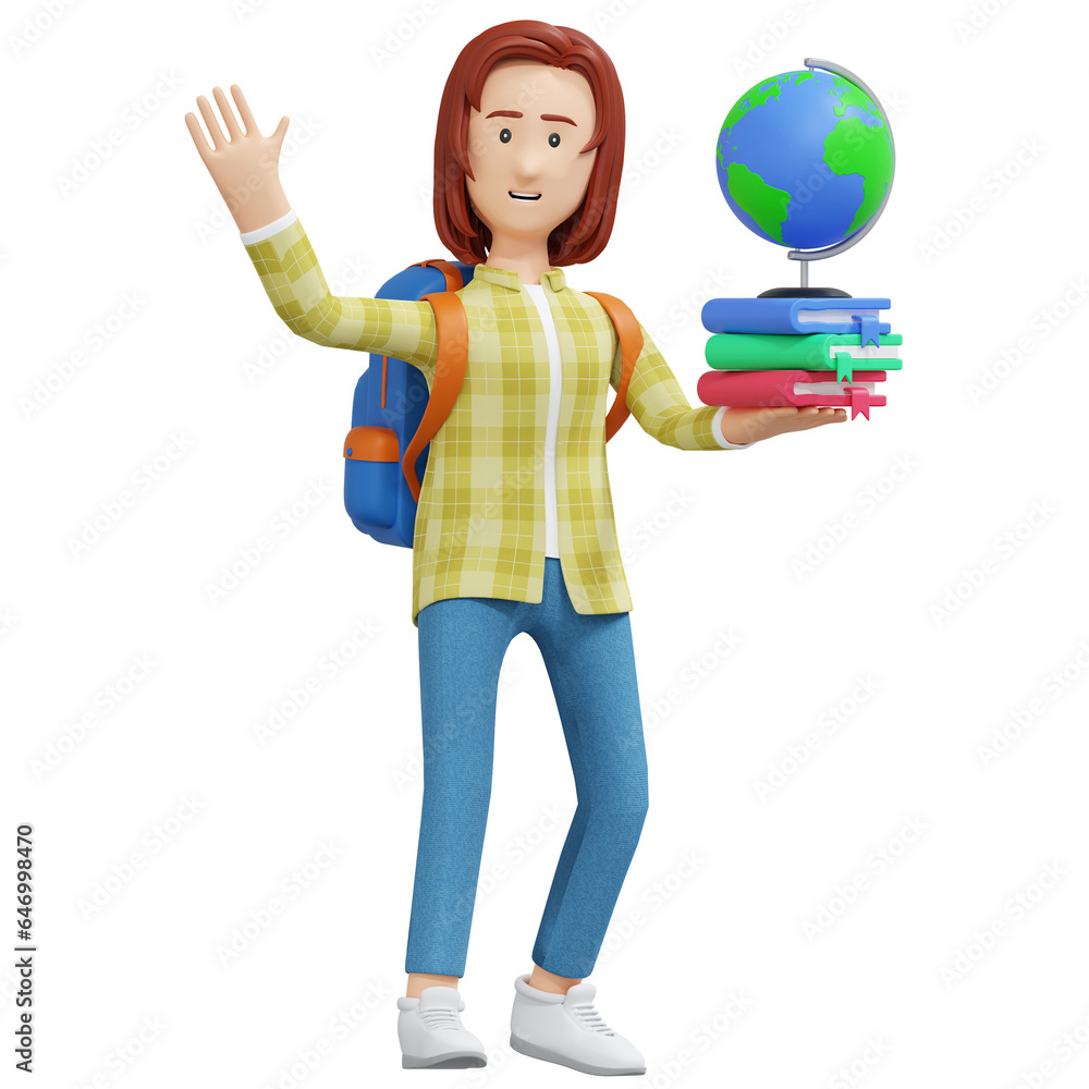 college girl holding book and globe 3d cartoon illustration college girl holding book and globe 3d cartoon illustration