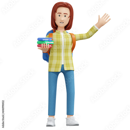college girl holding book 3d cartoon illustration