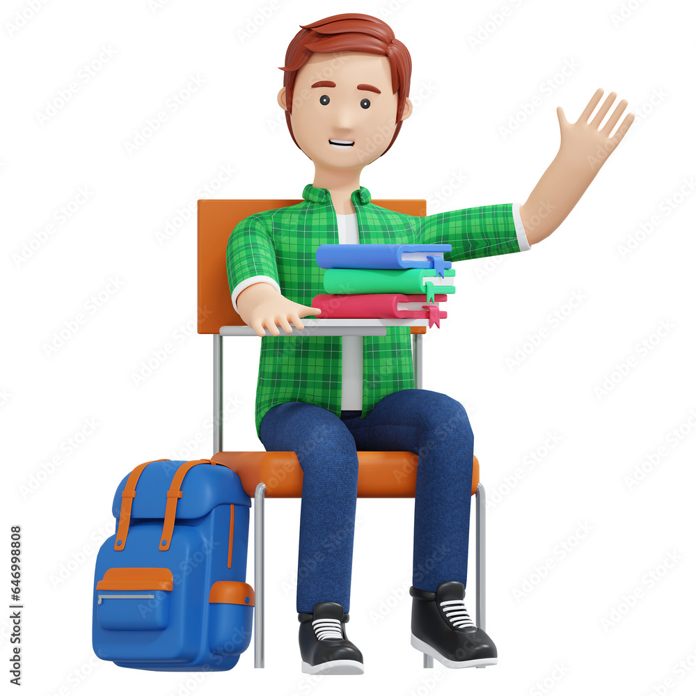 college boy waving hand while study in class 3d cartoon illustration college boy waving hand while study in class 3d cartoon illustration