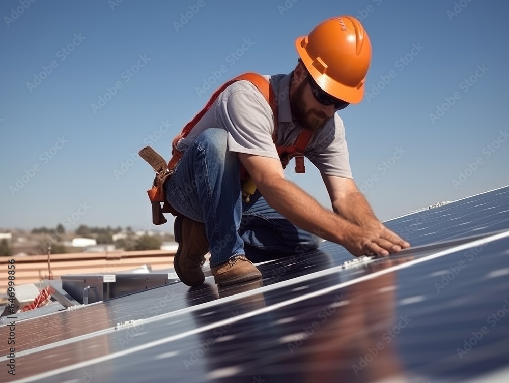 A worker is installing photovoltaic panels on the roof A worker is installing photovoltaic panels on the roof