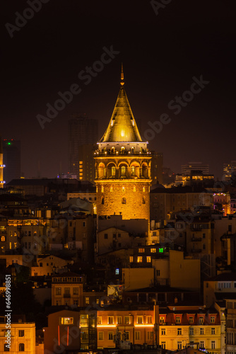 Night cityscape of Istanbul with the Galata Tower illuminated, Turkey