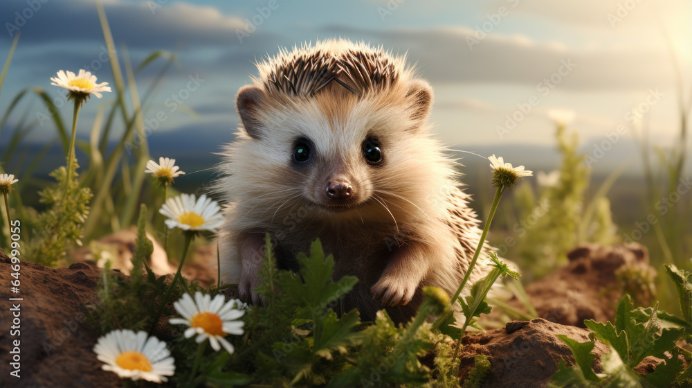 Naklejka premium hedgehog rolling on a field with green clovers 