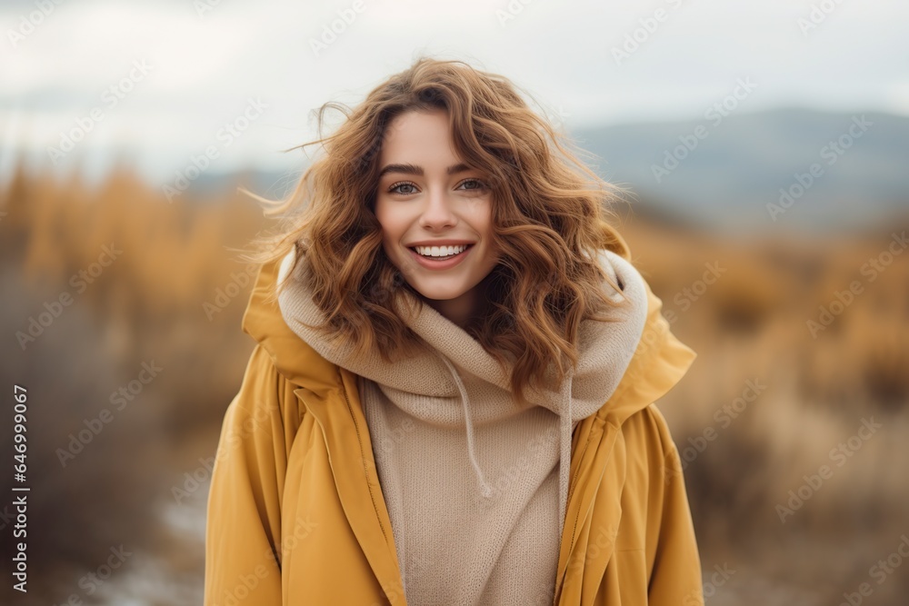 happy woman in warm coat looking at camera